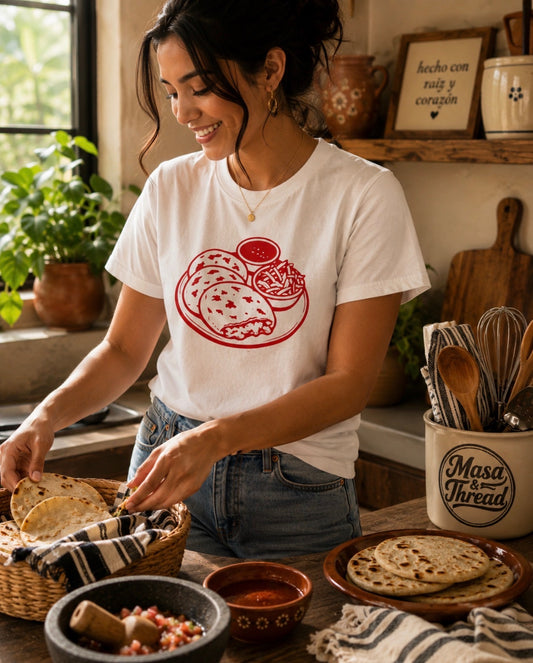 Pupusa Plate Graphic Tee- Salvadoran Food shirt w/ Curtido & Salsa